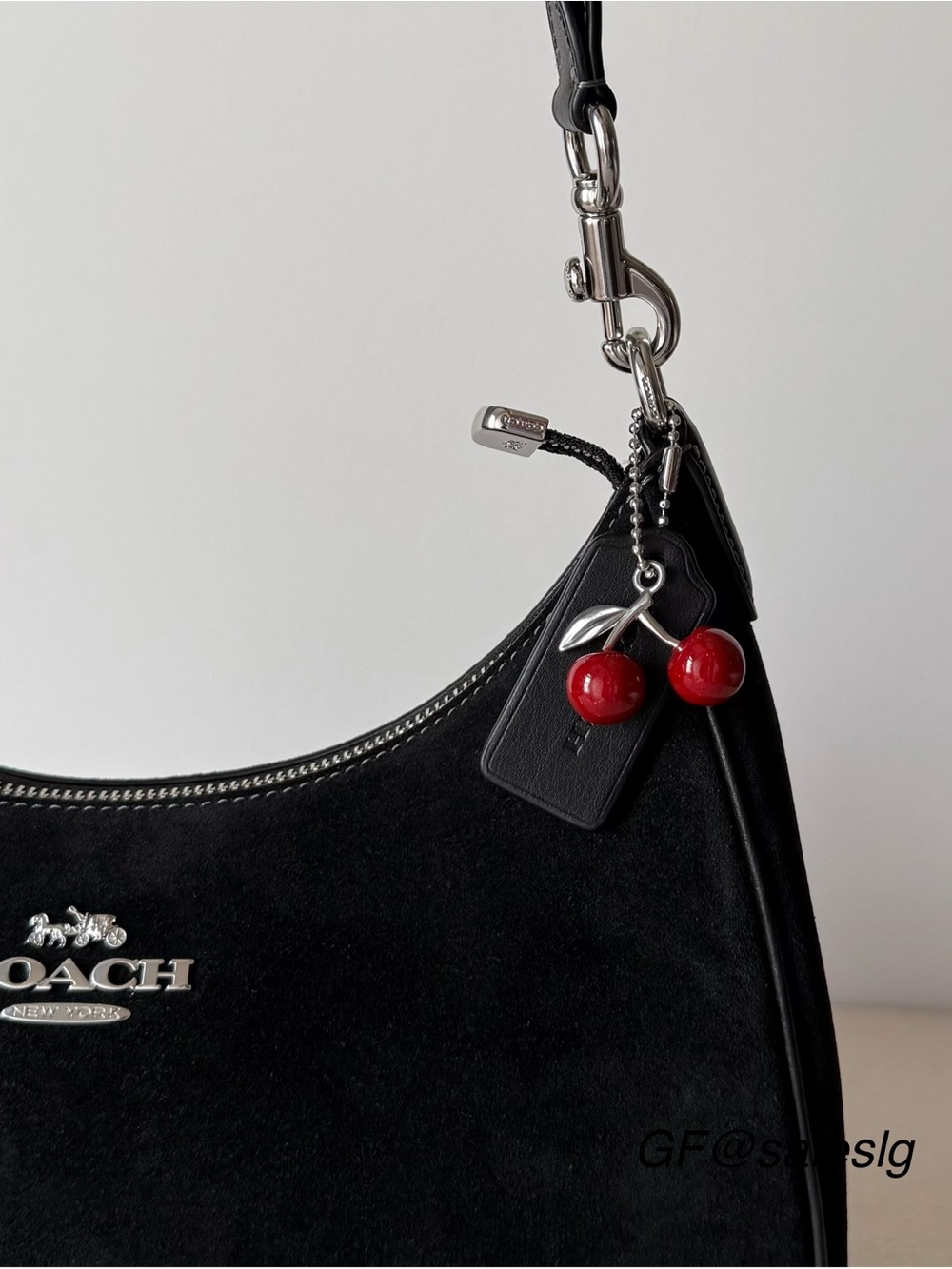 NWT Coach Teri Hobo Shoulder Bag Black Suede Silver Hardware Cherry Charm CCZ88 - Picture 5 of 15